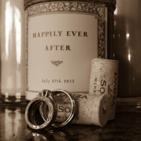 Happily Ever After wine label with corks and rings