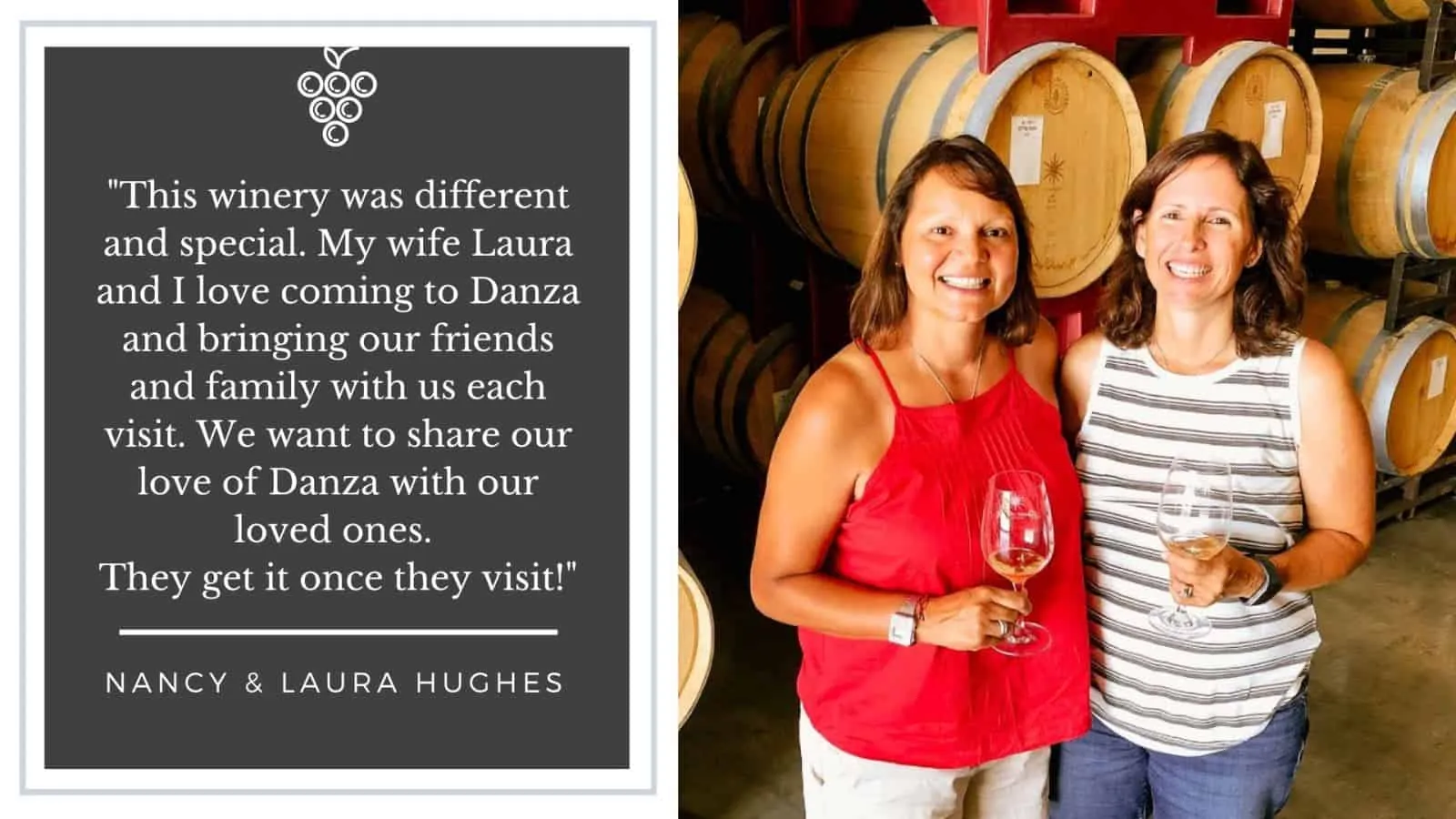 Nancy and Laura Hughes posing in front of barrels inside the barrel room of Danza del Sol Winery