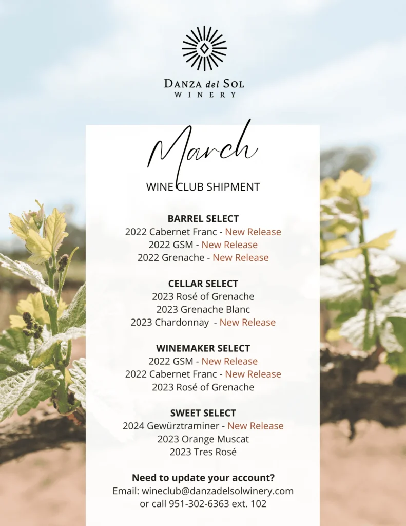March wine club shipment for Danza Del Sol winery. If you cannot view this image, please contact us to learn more.