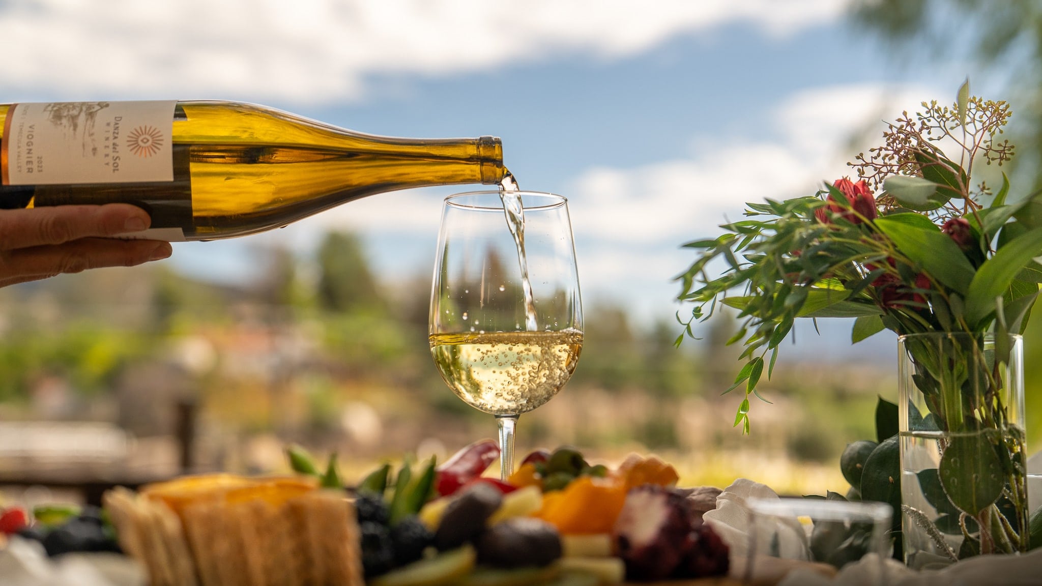 White wine being poured into a glass outdoors with vineyard scenery and charcuterie in the background